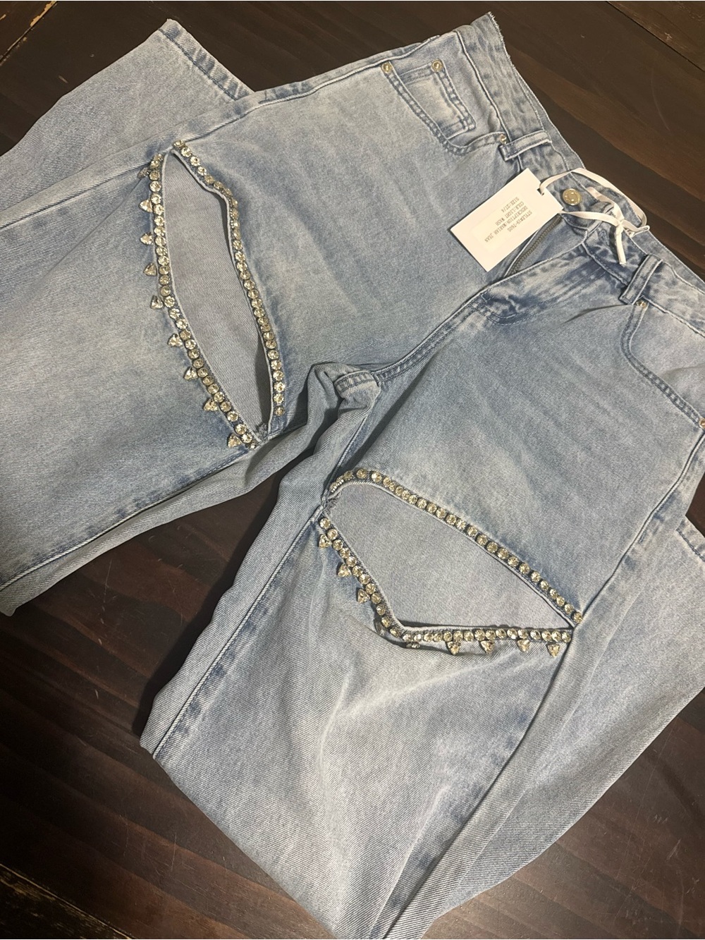 Torn by Ronny Kobo Light Blue Straight-Leg Jeans with Rhinestone Pocket Trim